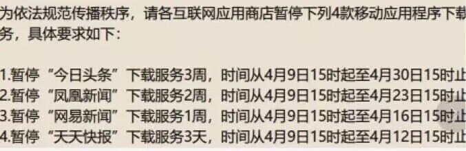 号外：内涵段子永久关停 今日头条等四款新闻app下架